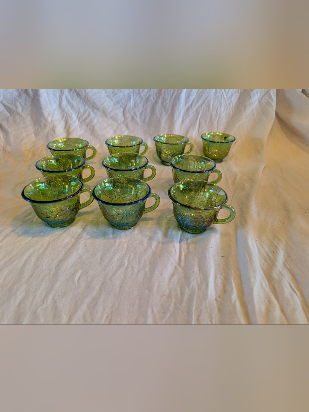 RESERVE Indiana Glass Iridescent Lime Green Tea Cups with Blue-Tinged Rims